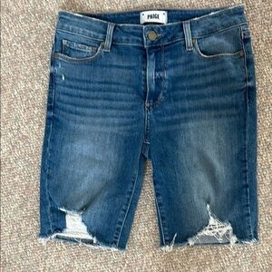 PAIGE Blue Distressed Jean Shorts with Raw Hem